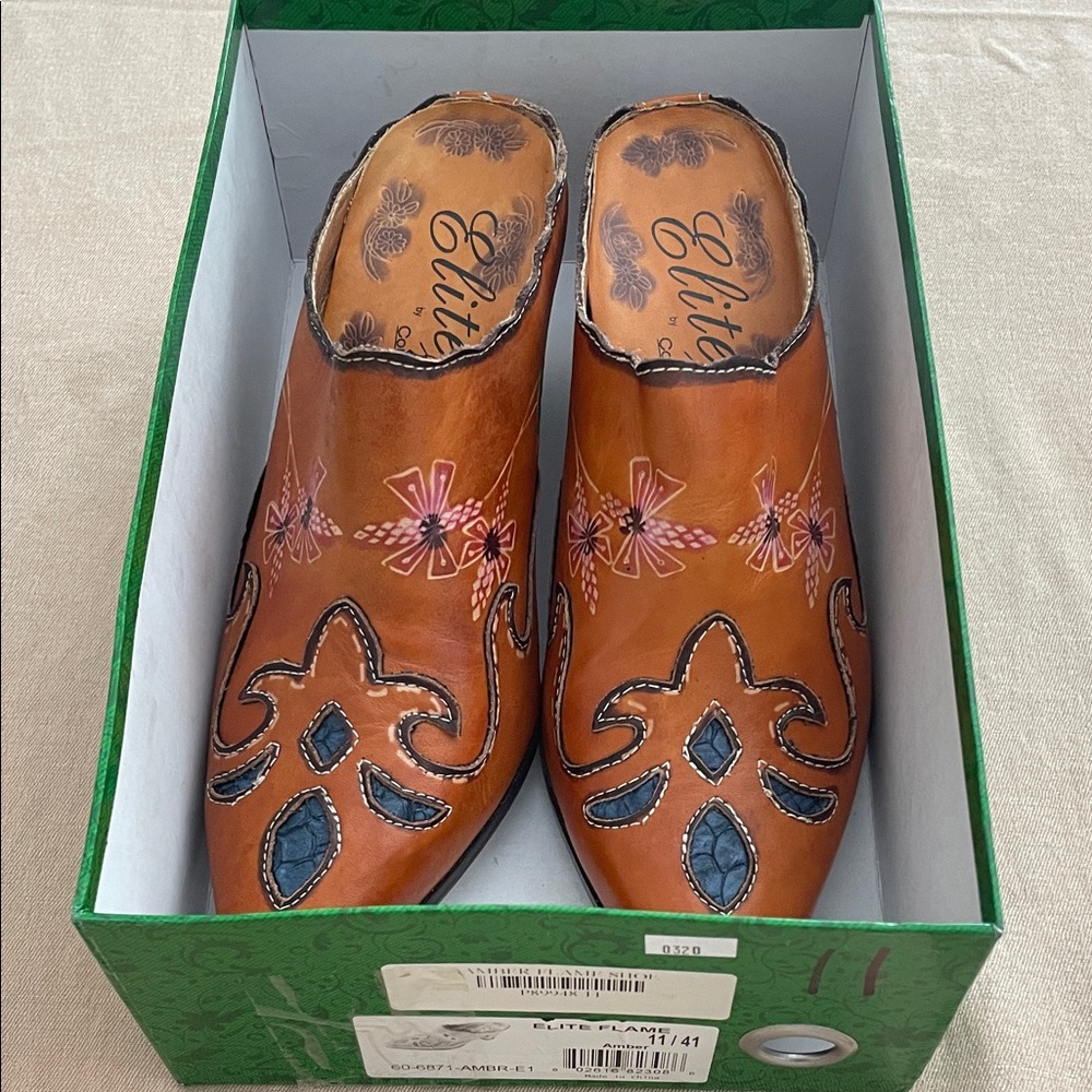 Elite Brown Leather Embroidered Slip-On Mules - Picture 12 of 12